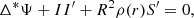 Mathematical equation: $$ \begin{aligned} \Delta ^*\Psi + II^{\prime } + R^2 \rho (r)S^{\prime } = 0, \end{aligned} $$