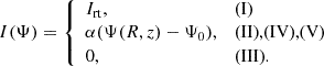 Mathematical equation: $$ \begin{aligned} I(\Psi ) = {\left\{ \begin{array}{ll} I_{\rm rt},&\text{(I)} \\ \alpha (\Psi (R,z)-\Psi _0),&\text{(II),(IV),(V)} \\ 0,&\text{(III)}. \end{array}\right.} \end{aligned} $$