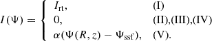 Mathematical equation: $$ \begin{aligned} I(\Psi ) = {\left\{ \begin{array}{ll} I_{\rm rt},&\text{(I)}\\ 0,&\text{(II),} \text{(III),} \text{(IV)} \\ \alpha (\Psi (R,z)-\Psi _{\rm ssf}),&\text{(V)}. \end{array}\right.} \end{aligned} $$
