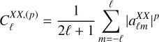 Mathematical equation: $C_{\ell}^{X X,(p)}=\frac{1}{2 \ell+1} \sum_{m=-\ell}^{\ell}\left|a_{\ell m}^{X X}\right|^{p}$
