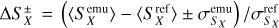 Mathematical equation: $\Delta S_X^{\pm}=\left(\left\langle S_X^{\mathrm{emu}}\right\rangle-\left\langle S_X^{\mathrm{ref}}\right\rangle \pm \sigma_{S_X}^{\mathrm{emu}}\right) / \sigma_{S_X}^{\mathrm{ref}}$
