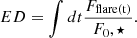 Mathematical equation: $$ \begin{aligned} ED = \int dt \frac{F_{\mathrm{flare(t)} }}{F_\mathrm 0,\star } .\end{aligned} $$