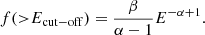 Mathematical equation: $$ \begin{aligned} f ({>} E_\mathrm{cut-off} ) = \frac{\beta }{\alpha - 1} E^{-\alpha +1} .\end{aligned} $$