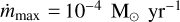 Mathematical equation: $\dot{m}_{\rm max}=10^{-4}$~M$_\odot$~yr$^{-1}$