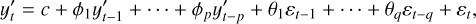 Mathematical equation: $y_t^\prime = c + {\phi _1}y_{t - 1}^\prime + \cdots + {\phi _p}y_{t - p}^\prime + {\theta _1}{\varepsilon _{t - 1}} + \cdots + {\theta _q}{\varepsilon _{t - q}} + {\varepsilon _t},$