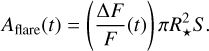 Mathematical equation: ${A_{{\rm{flare}}}}\left( t \right) = \left( {{{\Delta F} \over F}\left( t \right)} \right)\pi R_ \star ^2S.$