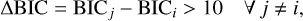 Mathematical equation: $\Delta {\rm{BIC}} = {\rm{BI}}{{\rm{C}}_j} - {\rm{BI}}{{\rm{C}}_i} > 10\,\,\,\forall j \ne i,$