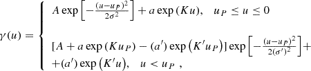 Mathematical equation: $$ \begin{aligned} \gamma (u) = {\left\{ \begin{array}{ll} A \exp { \left[ - \frac{\left( u - u_P \right)^2 }{2 \sigma ^2} \right] } + a \exp {\left( K u \right) } , \quad u_P \le u \le 0 \\ \\ [A + a \exp {\left( K u_P \right) } - (a^{\prime }) \exp {\left( K^{\prime } u_P \right) }] \exp { \left[ - \frac{\left( u - u_P \right)^2 }{2 (\sigma ^{\prime })^2} \right] } + \\ + (a^{\prime }) \exp {\left( K^{\prime } u \right) }, \quad u < u_P \, \, , \end{array}\right.} \end{aligned} $$