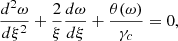 Mathematical equation: $$ \begin{aligned} \frac{d^2 \omega }{d \xi ^2} + \frac{2}{\xi } \frac{d \omega }{d \xi }+ \frac{\theta (\omega )}{\gamma _c}= 0 , \end{aligned} $$