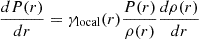 Mathematical equation: $$ \begin{aligned} \frac{d P(r)}{dr} = \gamma _{\rm local}(r) \frac{ P(r) }{\rho (r)} \frac{d \rho (r)}{d r} \end{aligned} $$
