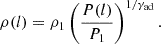 Mathematical equation: $$ \begin{aligned} \rho (l) = \rho _1\left(\frac{P(l)}{P_1}\right)^{1/\gamma _{\rm ad}}. \end{aligned} $$
