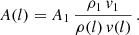 Mathematical equation: $$ \begin{aligned} A(l) = A_1\,\frac{\rho _1\,v_1}{\rho (l)\,v(l)}\,. \end{aligned} $$