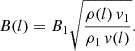 Mathematical equation: $$ \begin{aligned} B(l) = B_1 \sqrt{\frac{\rho (l)\,v_1}{\rho _1\,v(l)}}. \end{aligned} $$