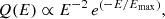 Mathematical equation: $$ \begin{aligned} Q(E) \propto E^{-2}\,e^{\left(-E/E_{\rm max}\right)}, \end{aligned} $$
