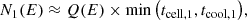 Mathematical equation: $$ \begin{aligned} N_1(E) \approx Q(E) \times \min {\left(t_{\mathrm{cell},1},t_{\mathrm{cool},1}\right)}, \end{aligned} $$