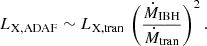 Mathematical equation: $$ \begin{aligned} L_{\rm X,ADAF} \sim L_{\rm X,tran}\,\left(\frac{\dot{M}_{\rm IBH}}{\dot{M}_{\rm tran}} \right)^2. \end{aligned} $$