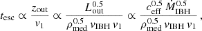 Mathematical equation: $$ \begin{aligned} t_{\rm esc} \propto \frac{z_{\rm out}}{v_1} \propto \frac{L_{\rm out}^{0.5}}{\rho _{\rm med}^{0.5}\,v_{\rm IBH}\,v_1} \propto \frac{c_{\rm eff}^{0.5}\,\dot{M}_{\rm IBH}^{0.5}}{\rho _{\rm med}^{0.5}\,v_{\rm IBH}\,v_1}\,, \end{aligned} $$