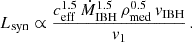 Mathematical equation: $$ \begin{aligned} L_{\rm syn} \propto \frac{c_{\rm eff}^{1.5}\,\dot{M}_{\rm IBH}^{1.5}\,\rho _{\rm med}^{0.5}\,v_{\rm IBH}}{v_1}\,. \end{aligned} $$