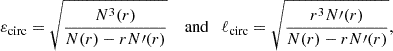 Mathematical equation: $$ \begin{aligned} \varepsilon _\mathrm{circ} =\sqrt{\frac{N^3(r)}{N(r)-rN\prime (r)}}\quad \text{ and}\quad \ell _\mathrm{circ} =\sqrt{\frac{r^3N\prime (r)}{N(r)-rN\prime (r)}}, \end{aligned} $$
