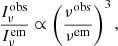 Mathematical equation: $$ \begin{aligned} \frac{I_\nu ^\mathrm{obs} }{I_\nu ^\mathrm{em} } \propto \left(\frac{\nu ^\mathrm{obs} }{\nu ^\mathrm{em} }\right)^3, \end{aligned} $$