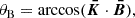 Mathematical equation: $$ \begin{aligned} \theta _\mathrm{B}&=\arccos (\boldsymbol{\bar{K}}\cdot \boldsymbol{\bar{B}}) , \end{aligned} $$