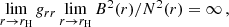 Mathematical equation: $$ \begin{aligned} \lim _{r\rightarrow r_\mathrm{H} } g_{rr}&\lim _{r\rightarrow r_\mathrm{H} }B^2(r)/N^2(r)=\infty \,, \end{aligned} $$