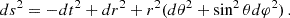 Mathematical equation: $$ \begin{aligned} ds^2=-dt^2+dr^2+r^2(d\theta ^2+\sin ^2\theta d\varphi ^2)\,. \end{aligned} $$