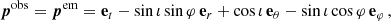 Mathematical equation: $$ \begin{aligned} \boldsymbol{p}^\mathrm{obs} =\boldsymbol{p}^\mathrm{em} =\mathbf e _t-\sin \iota \sin \varphi \,\mathbf e _r+\cos \iota \,\mathbf e _\theta -\sin \iota \cos \varphi \, \mathbf e _\varphi \,, \end{aligned} $$