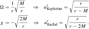 Mathematical equation: $$ \begin{aligned} \begin{aligned} \Omega&=\frac{1}{r}\sqrt{\frac{M}{r}}&\Rightarrow \quad u^t_\text{Keplerian}=\sqrt{\frac{r}{r-M}}\\ \chi&=-\sqrt{\frac{2M}{r}}&\Rightarrow \quad u^t_\text{Radial}=\sqrt{\frac{r}{r-2M}}\,. \end{aligned} \end{aligned} $$