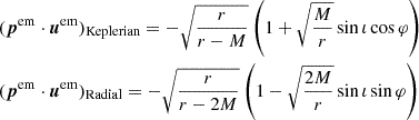 Mathematical equation: $$ \begin{aligned} \begin{aligned}&(\boldsymbol{p}^\mathrm{em} \cdot \boldsymbol{u}^\mathrm{em} )_\text{Keplerian}=-\sqrt{\frac{r}{r-M}}\left(1+\sqrt{\frac{M}{r}}\sin \iota \cos \varphi \right)\\&(\boldsymbol{p}^\mathrm{em} \cdot \boldsymbol{u}^\mathrm{em} )_\text{Radial}=-\sqrt{\frac{r}{r-2M}}\left(1-\sqrt{\frac{2M}{r}}\sin \iota \sin \varphi \right) \end{aligned} \end{aligned} $$