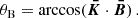 Mathematical equation: $$ \begin{aligned} \theta _\mathrm{B}&=\arccos (\boldsymbol{\bar{K}}\cdot \boldsymbol{\bar{B}}) \,. \end{aligned} $$