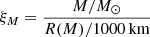Mathematical equation: $$ \begin{aligned} \xi _M = \frac{M/M_\odot }{R(M)/1000 \, \mathrm{km} } \end{aligned} $$