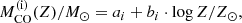 Mathematical equation: $$ \begin{aligned} M_\mathrm{CO} ^\mathrm{(i)} (Z)/M_\odot = a_i + b_i \cdot \log Z/Z_\odot ,\end{aligned} $$