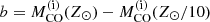 Mathematical equation: $ b = M_\mathrm{CO}^\mathrm{(i)}(Z_\odot) - M_\mathrm{CO}^\mathrm{(i)}(Z_\odot/10) $