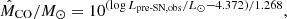 Mathematical equation: $$ \begin{aligned} \hat{M}_\mathrm{CO} /M_\odot = 10^{(\log L_\text{pre-SN,obs}/L_\odot -4.372)/1.268}, \end{aligned} $$
