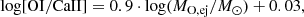 Mathematical equation: $$ \begin{aligned} \log [\mathrm{OI/CaII} ] = 0.9 \cdot \log (M_\mathrm{O,ej} / M_\odot ) + 0.03 ,\end{aligned} $$