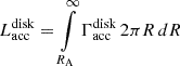 Mathematical equation: $ L_{\mathrm{acc}}^{\mathrm{disk}} = \int\limits_{R_{\mathrm{A}}}^{\infty} \Gamma_{\mathrm{acc}}^{\mathrm{disk}}\, 2\pi R\, dR $
