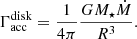 Mathematical equation: $$ \begin{aligned} \Gamma _{\rm acc}^\mathrm{disk} = \frac{1}{4\pi } \frac{GM_{\star }\dot{M}}{R^3}. \end{aligned} $$