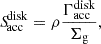 Mathematical equation: $$ \begin{aligned} {S\!}_{\rm acc}^\mathrm{disk} = \rho \frac{\Gamma _{\rm acc}^\mathrm{disk}}{\Sigma _{\rm g}}, \end{aligned} $$