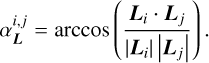 Mathematical equation: $\[\alpha_{\boldsymbol{L}}^{i, j}=\arccos \left(\frac{\boldsymbol{L}_i \cdot \boldsymbol{L}_j}{\left|\boldsymbol{L}_i\right|\left|\boldsymbol{L}_j\right|}\right).\]$