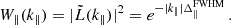 Mathematical equation: $$ \begin{aligned} W_\parallel (k_\parallel ) = |\tilde{L}(k_\parallel )|^2 = e^{-|k_\parallel | \Delta _\parallel ^\mathrm{FWHM}} \,. \end{aligned} $$