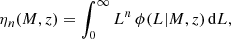 Mathematical equation: $$ \begin{aligned} \eta _n(M,z) =\int _0^\infty L^n\,\phi (L|M,z)\,{\mathrm{d} } L, \end{aligned} $$