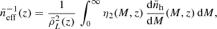 Mathematical equation: $$ \begin{aligned} \bar{n}^{-1}_{\rm eff}(z) = \frac{1}{\bar{\rho }^2_L(z)} \, \int _0^\infty \eta _2(M,z) \, \frac{{\mathrm{d} } \bar{n}_{\rm h}}{{\mathrm{d} } M}(M,z) \, {\mathrm{d} } M, \end{aligned} $$