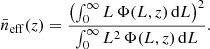 Mathematical equation: $$ \begin{aligned} \bar{n}_{\rm eff}(z)=\frac{\left(\int _0^\infty L \, \Phi (L,z) \,{\mathrm{d} }L\right)^2}{\int _0^\infty L^2 \, \Phi (L,z) \,{\mathrm{d} }L}. \end{aligned} $$