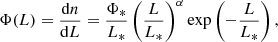 Mathematical equation: $$ \begin{aligned} \Phi (L) = \frac{{\mathrm{d} }n}{{\mathrm{d} }L} = \frac{\Phi _*}{L_*} \left(\frac{L}{L_*}\right)^\alpha \exp \left(-\frac{L}{L_*}\right), \end{aligned} $$
