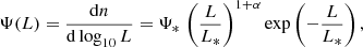 Mathematical equation: $$ \begin{aligned} \Psi (L) = \frac{{\mathrm{d} }n}{{\mathrm{d} } \log _{10}L} = \Psi _*\, \left(\frac{L}{L_*}\right)^{1+\alpha } \exp \left(-\frac{L}{L_*}\right), \end{aligned} $$
