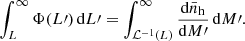 Mathematical equation: $$ \begin{aligned} \int _{L}^{\infty } \Phi (L\prime ) \, {\mathrm{d} } L\prime = \int _{\mathcal{L} ^{-1}(L)}^{\infty } \frac{{\mathrm{d} } \bar{n}_{\rm h}}{{\mathrm{d} } M\prime } \, {\mathrm{d} } M\prime . \end{aligned} $$