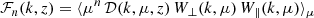 Mathematical equation: $$ \begin{aligned} \mathcal{F} _n(k,z) = \langle \mu ^n\,\mathcal{D} (k,\mu ,z)\, W_\perp (k,\mu )\, W_\parallel (k,\mu ) \rangle _\mu \end{aligned} $$