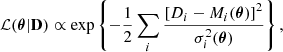 Mathematical equation: $$ \begin{aligned} \mathcal{L} (\boldsymbol{\theta }|\mathbf D ) \propto \exp \left\{ -\frac{1}{2} \sum _i \frac{\left[D_i-M_i(\boldsymbol{\theta })\right]^2}{\sigma _i^2(\boldsymbol{\theta })}\right\} , \end{aligned} $$