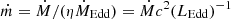 Mathematical equation: $ \dot{m}=\dot{M} / (\eta \dot{M}_{\mathrm{Edd}}) = \dot{M}c^2 (L_{\mathrm{Edd}})^{-1} $